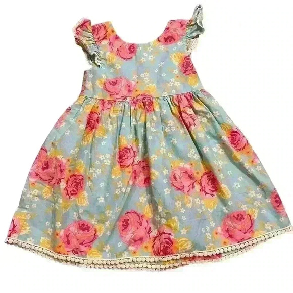 Kelly’s Kids Floral Dress Size 3 - 4 Aqua Pink Lace Boutique Summer Spring NWOT - Picture 1 of 4